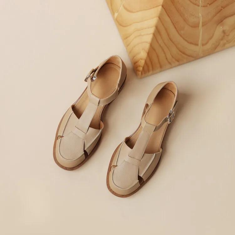 

Fashion 2025 Summer Sandals Cowhide Round Toe Women Sandals Chunky Heel Women Shoes Cover Toe Shoes for Women Hollow Out Mary Jane Shoes 40 хаки