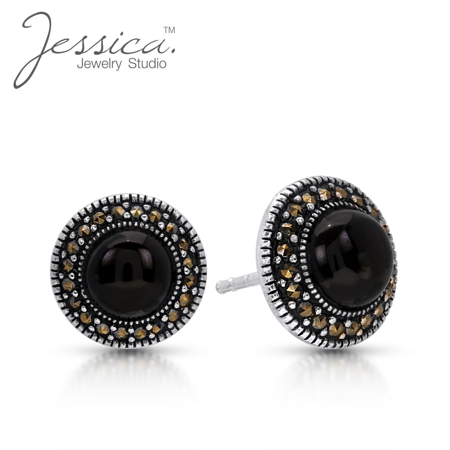 

Серьги-гвоздики из стерлингового серебра 925 пробы с ониксом и натуральным марказитом