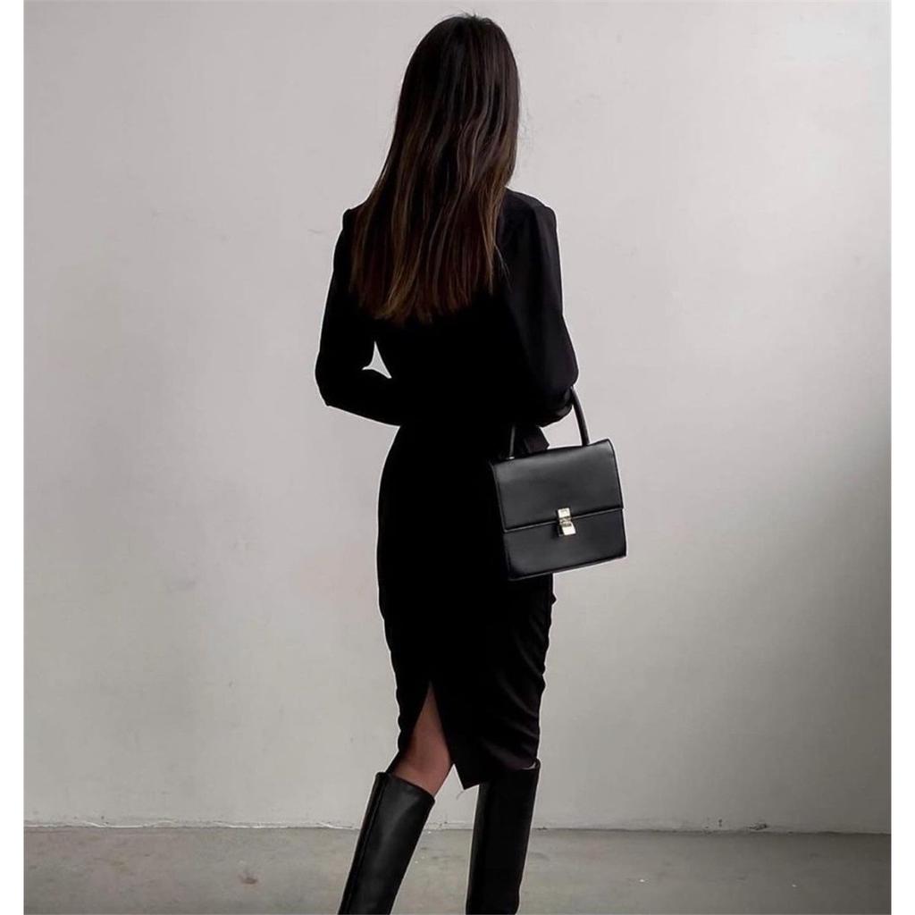 Women's Long Sleeve Round Neck French Retro Slim Long Dress