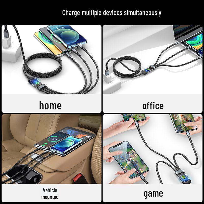100W Triple-Device Fast Charging Cable for Apple, Huawei, and Android - Universal Car Charger