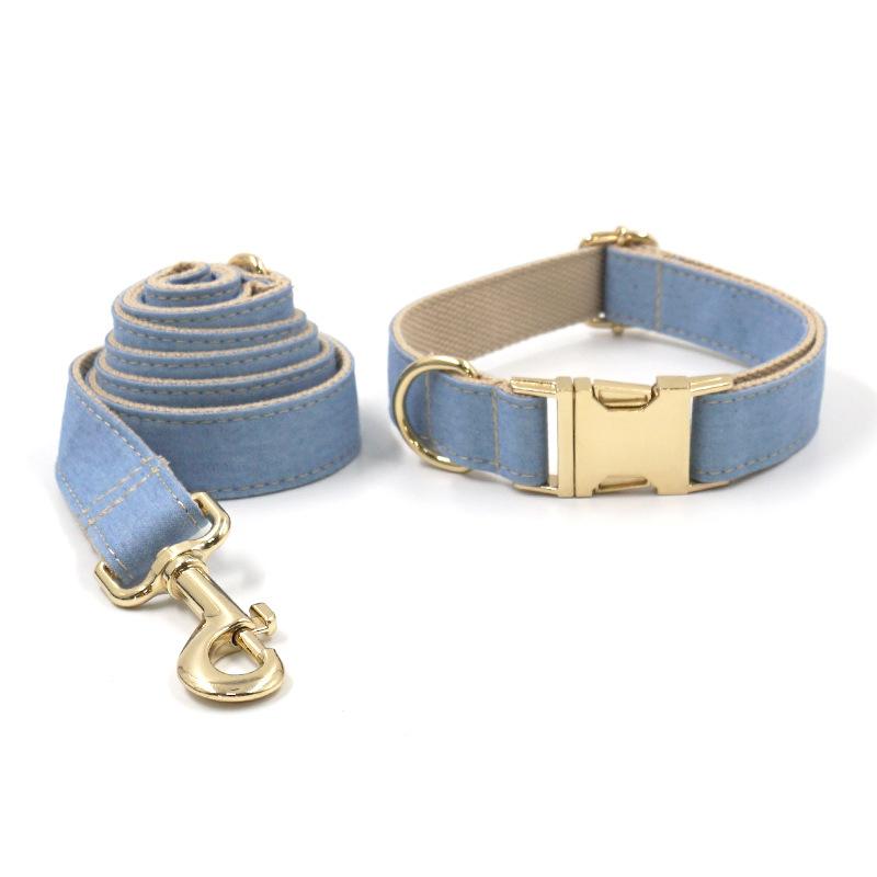 

Dog Collar Traction Rope INS Wind Light Denim Gold Buckle Dog Chain+ Traction Dog Rope Pet Collar Traction Belt