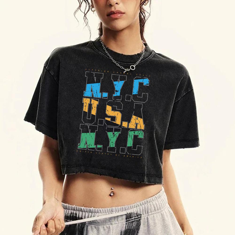 

New York City Usa Art Letter Printing Washed Crop Top Womens Street Fitness T-Shirts Summer Tees Cotton Short Sleeve M