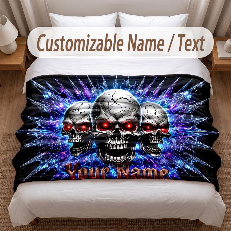 Skull Gothic Theme Soft Blanket Personalized Custom Name Text Print Warm Blanket Home Sofa Bedroom Decor