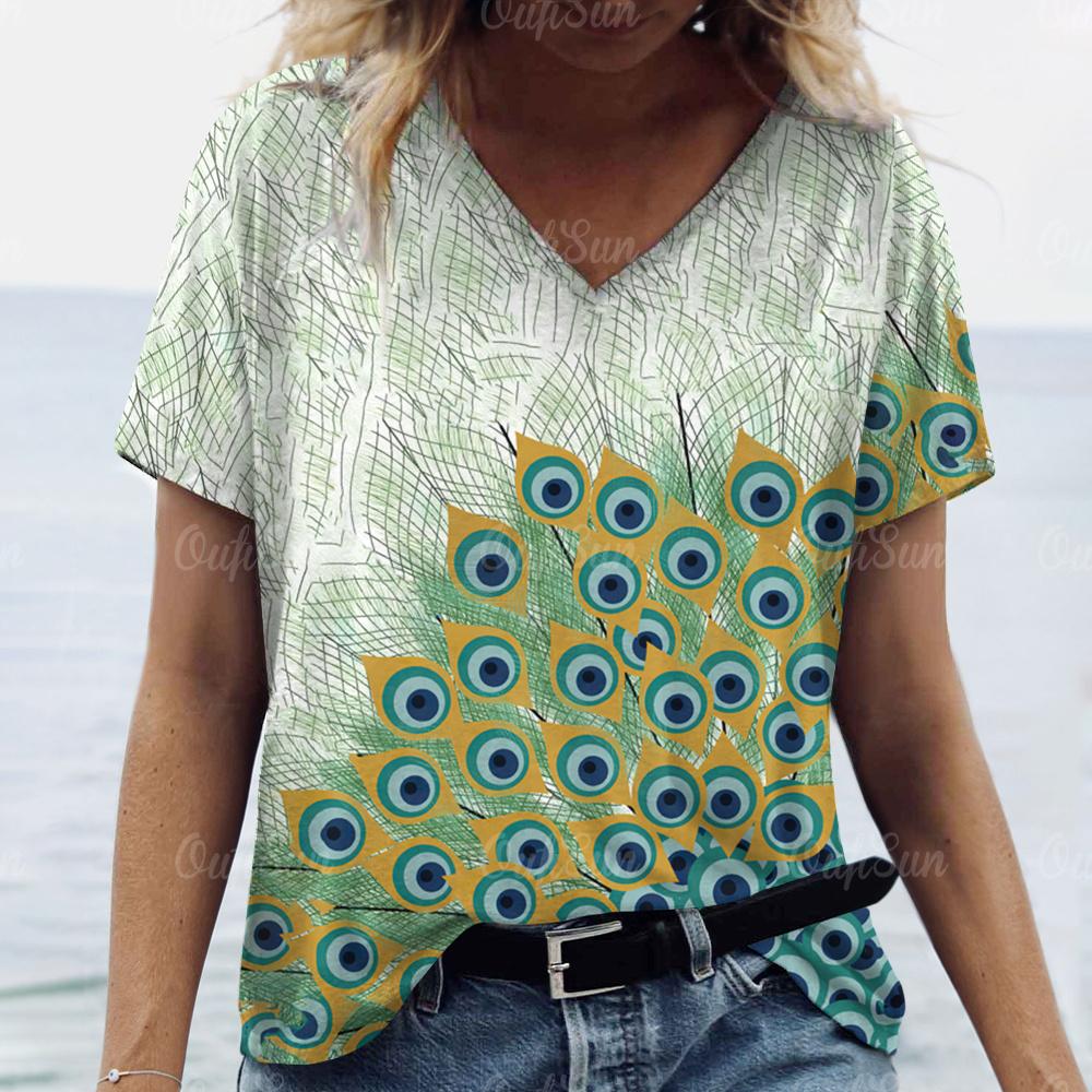 2024 New Women T-shirt Peacock Feather Print Plus Size Top Summer Women's Trend Clothing Fashion Short Sleeve Shirt V-Neck Tees