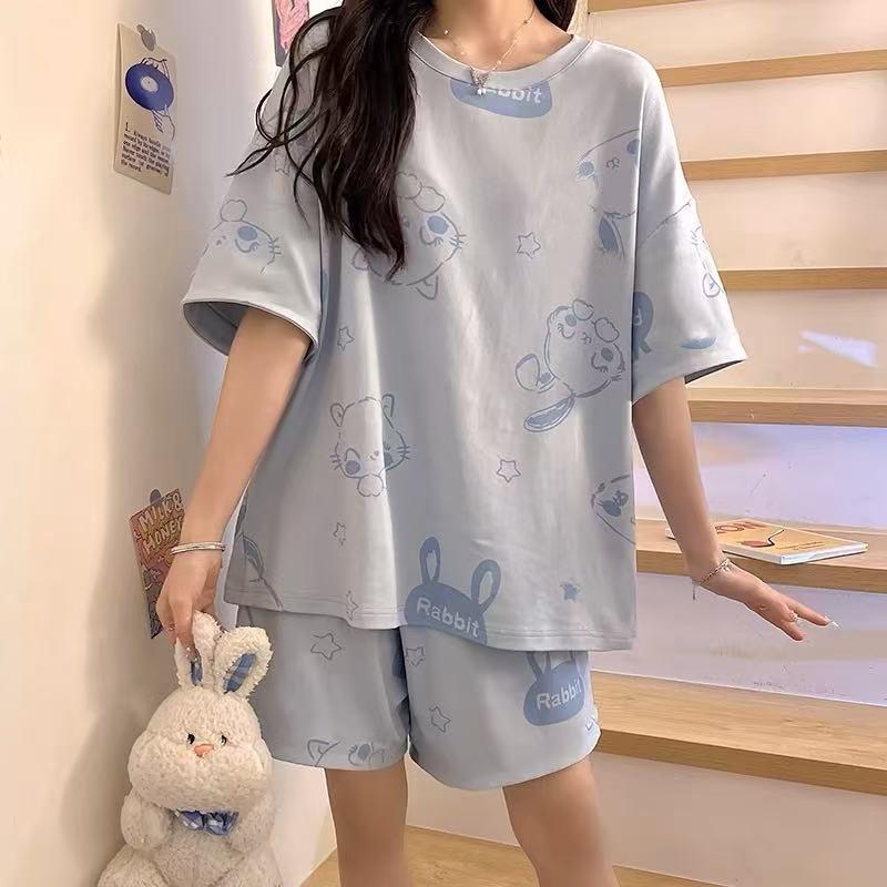 GMXIA Cute Panda Pajamas for Women In Summer, Short Sleeves and Shorts, Large-sized and Thin Summer Casual Home Wear Set
