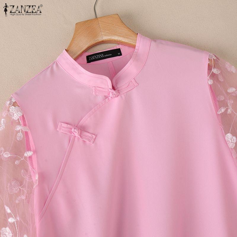 ZANZEA Women Elegant Lace Splice Half Sleeve Summer Casual Stand Collar Blouse