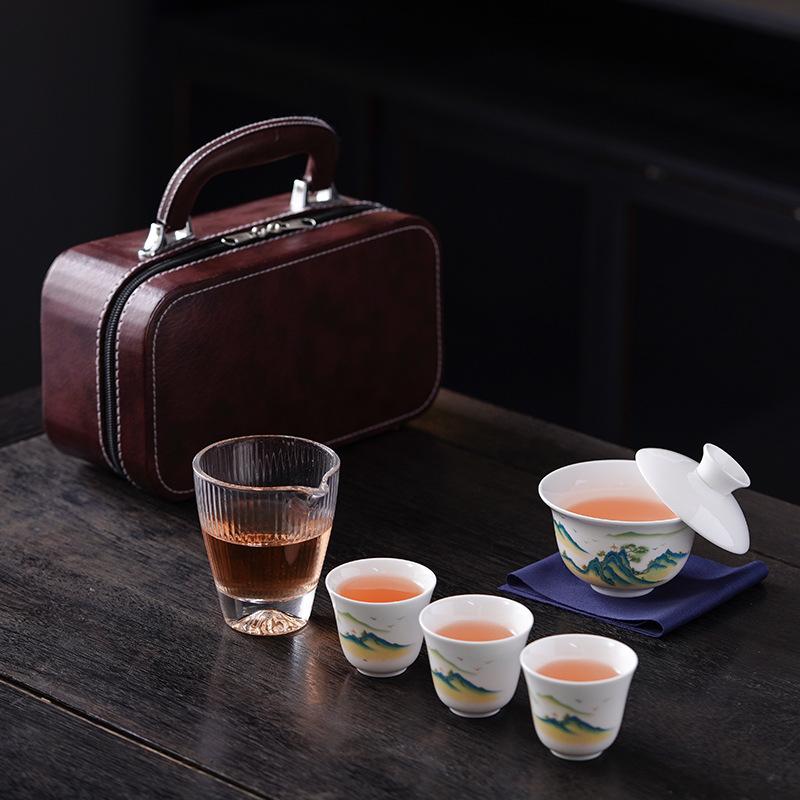 Dehua Simple White Porcelain Suet Jade Cover Bowl Travel Tea Set Small Set Outdoor Portable Going Out Business Activities Gifts