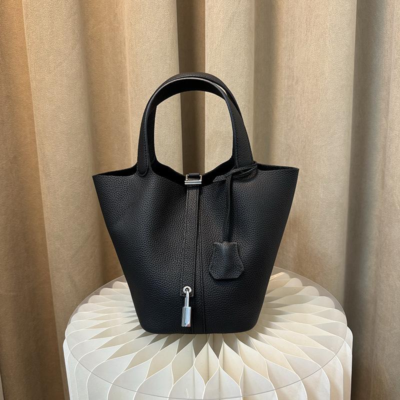 First Layer Cowhide Niche Handbag High Version Vegetable Basket Bag Genuine Leather Large Capacity High-end Sense Exquisite Bucket Bag