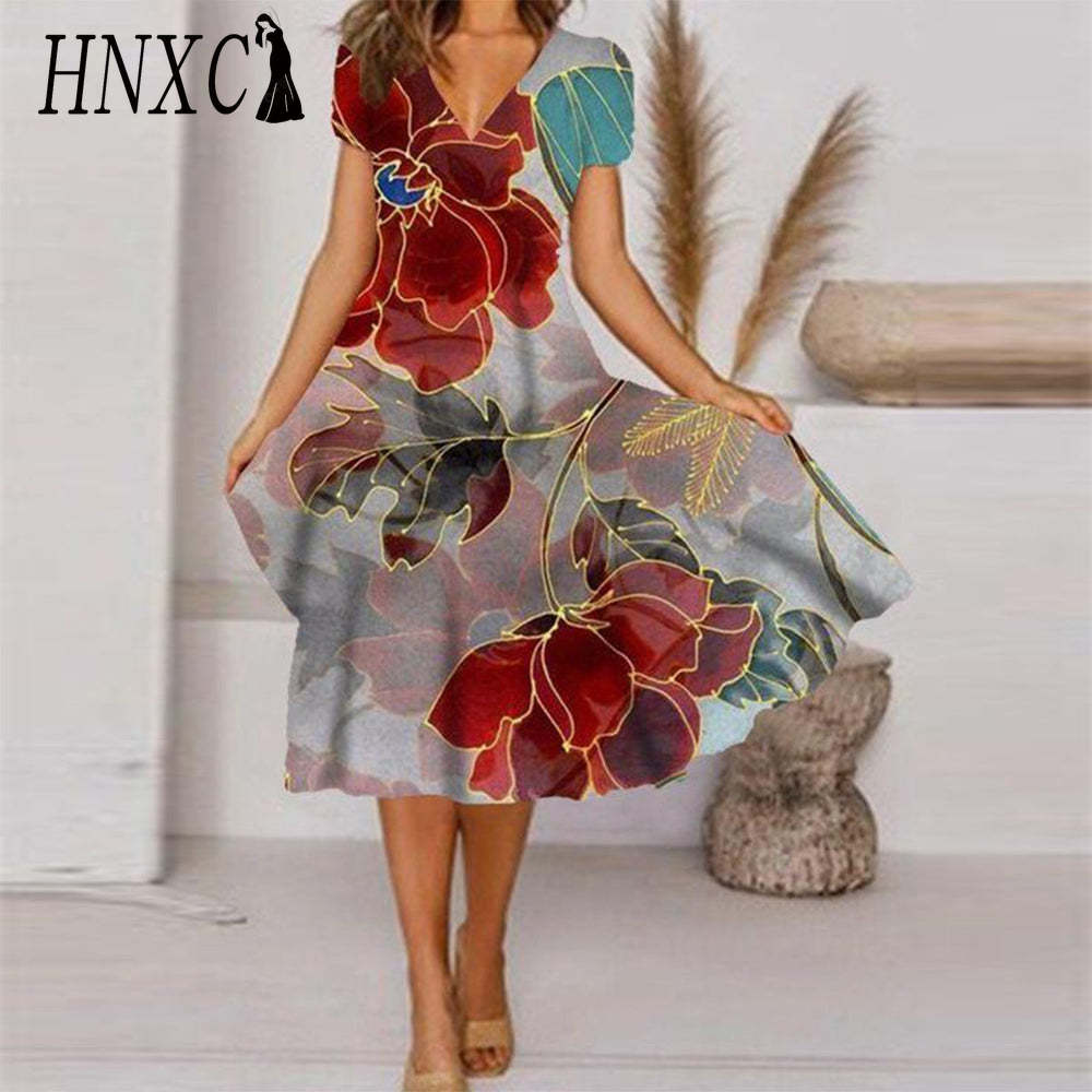 HNXC Übergröße V-Ausschnitt Midi-Kleid Kurzarm Hoher Saum Lässig Bunt Blumendruck Kleid