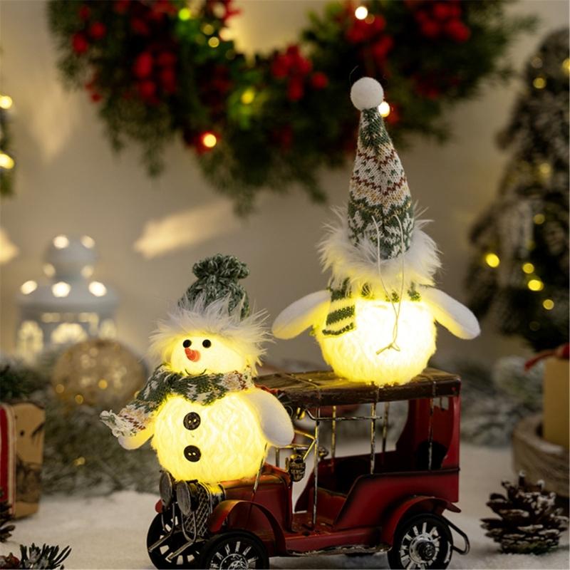 Pack of 2 Christmas Snowman Ornament with Knitted Hat and Scarve Decorative LED Lights Holiday Decoration Accessories