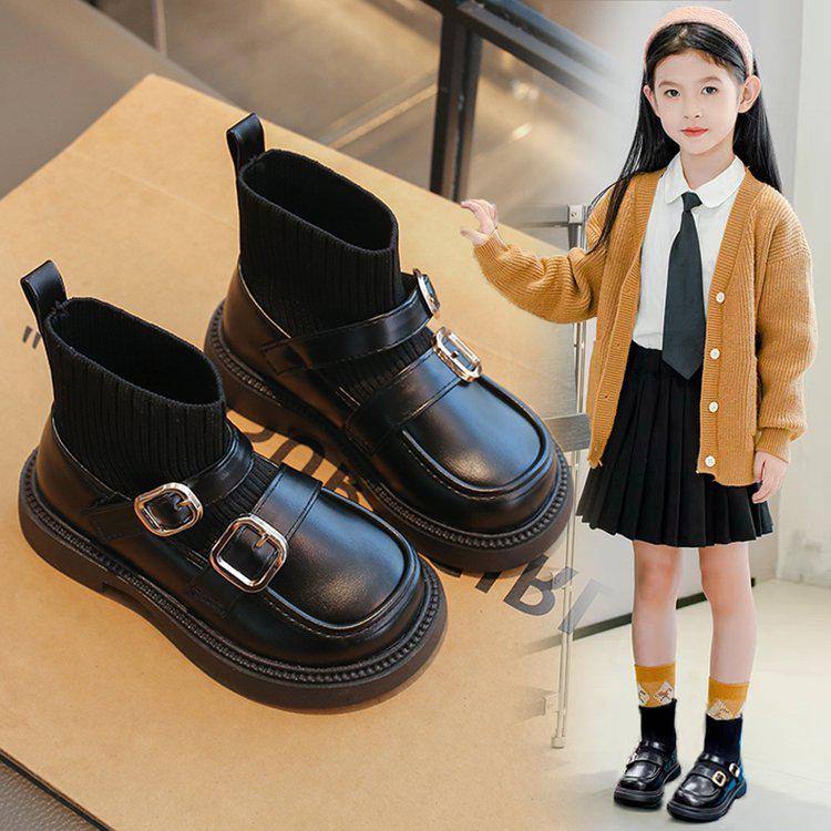 Girls' Black Retro Mary Jane Low-Cut Sock Boots - 2025 Autumn Fashion