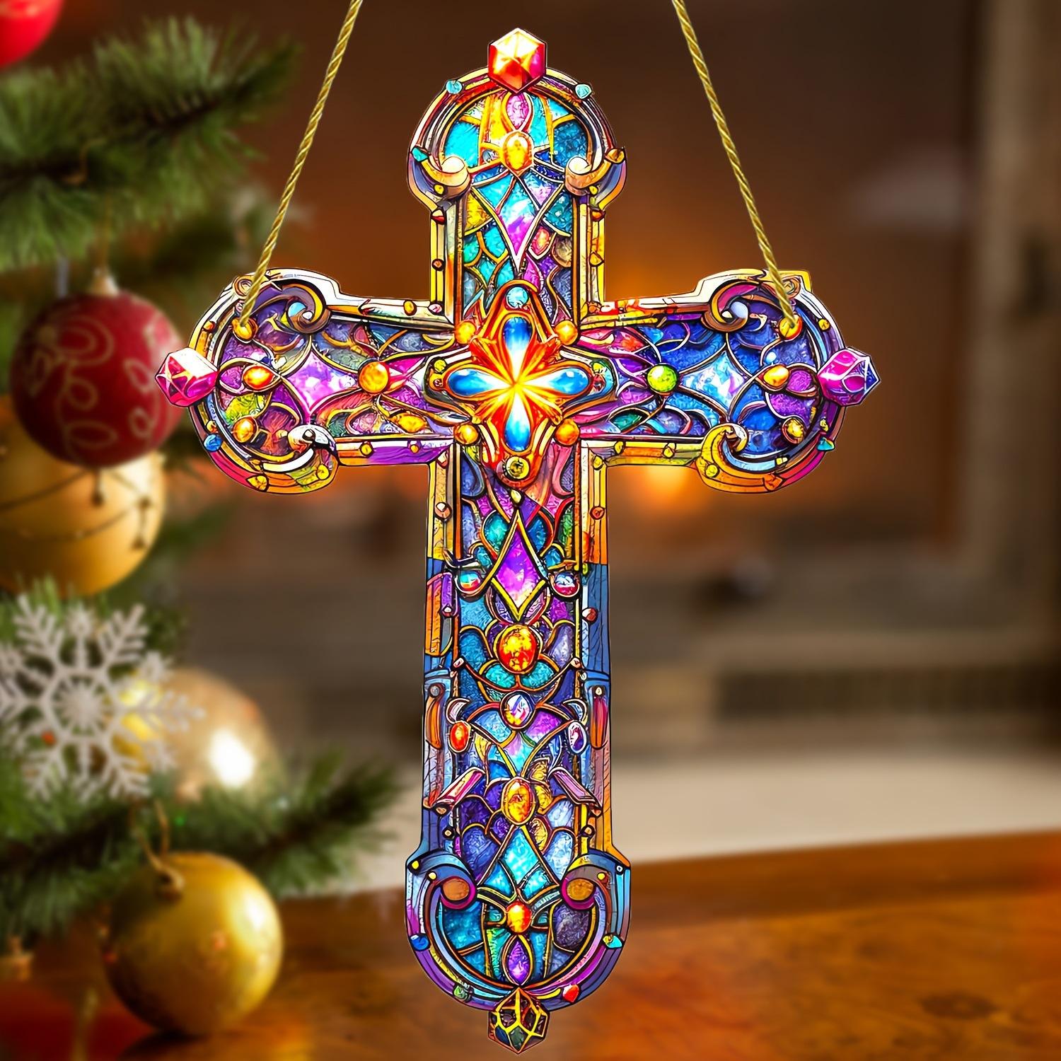 Colored Glass Style Sunshine Catcher Cross Courtyard Decoration Religious Gift Holiday Decoration, Home Tabletop Decorations, Nurseries, Home Desk Li 20*14.1cm