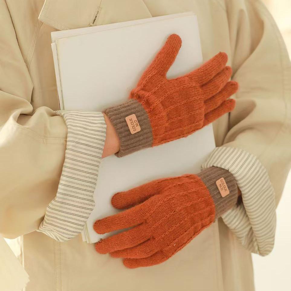 Herbst und Winter Warm Rutschfest Plus Samt Verdickt Zweifarbig Jacquard Handschuhe Gestrickt Fünffinger Radfahren Wolle Colorblock Touchscreen Handschuhe