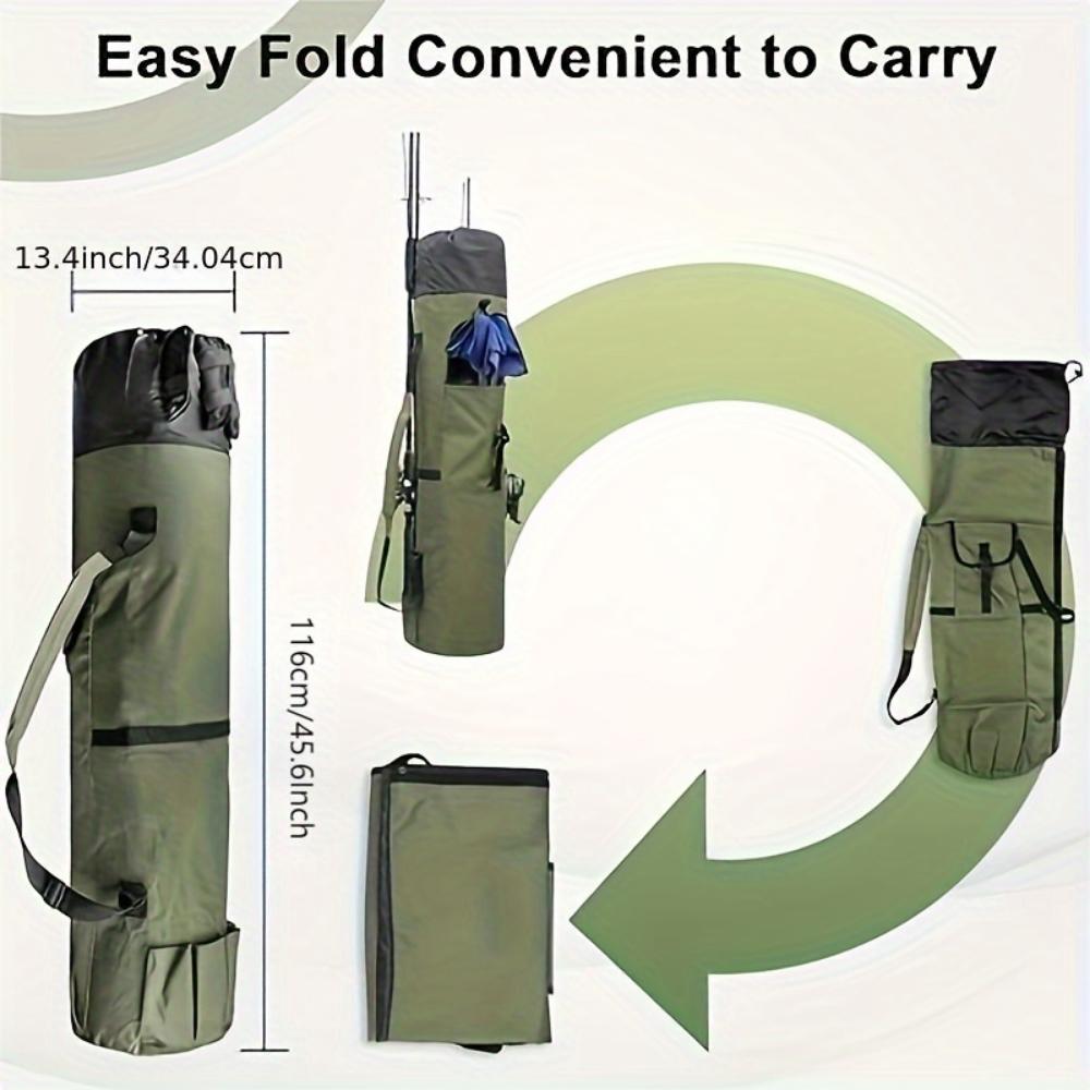 Green fishing rod bag, durable folding fishing gear handbag, multi-functional large-capacity high-quality fishing rod box.