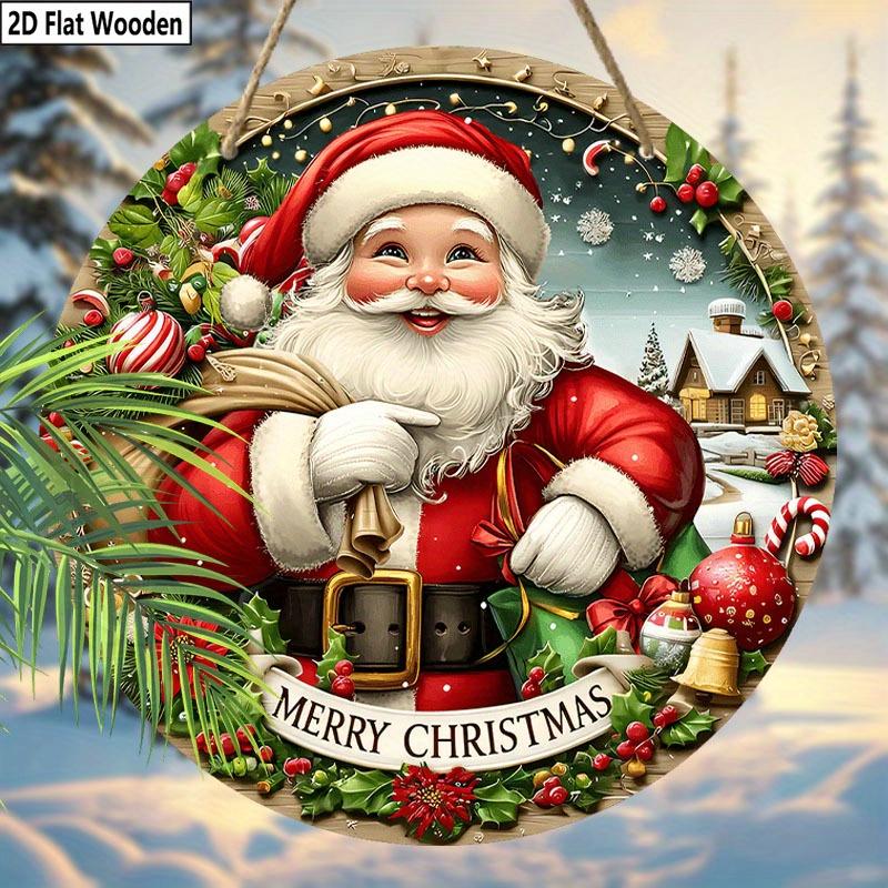 2D Flat 1pc Christmas “Santa Claus with A Bag” Logo Wooden Sign Decoration, Front Door Wall Decoration, Suitable for Home Offices, Garden Courtyards