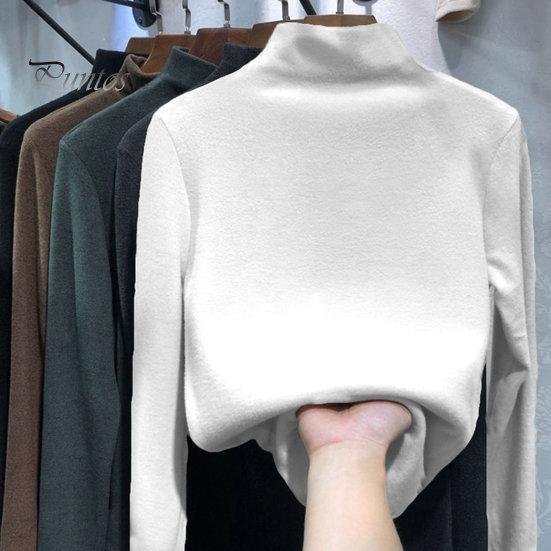 Bottoming Blouse Half High Collar Long Sleeves Slim Fit Autumn Winter Thickened Fleece Lined Pure Color Thermal Top Daily Clothing Shirt
