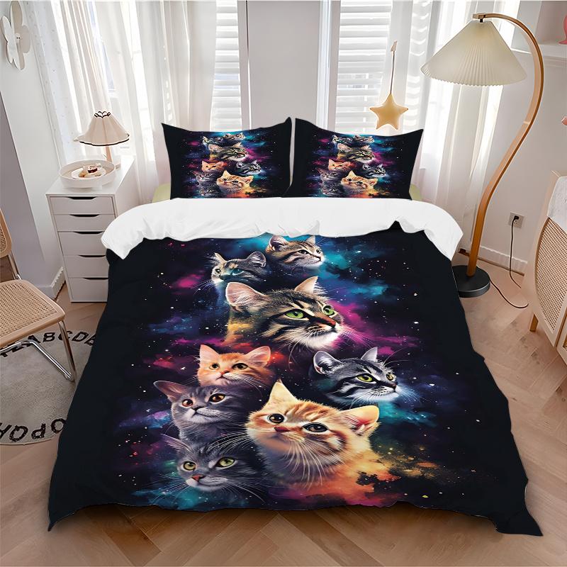 3pcs Galactic Cosmic Cat Print Cover Set Ultra Soft, Breathable, and Comfortable Bedding with Stylish Design for Bedroom and Guest Room Decor 1 C