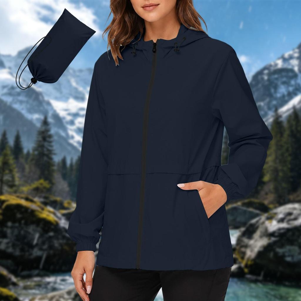Women's Waterproof Windproof Hooded Jacket Lightweight Outdoor Raincoat Full Zip Front Pockets Adjustable Drawstring Hood