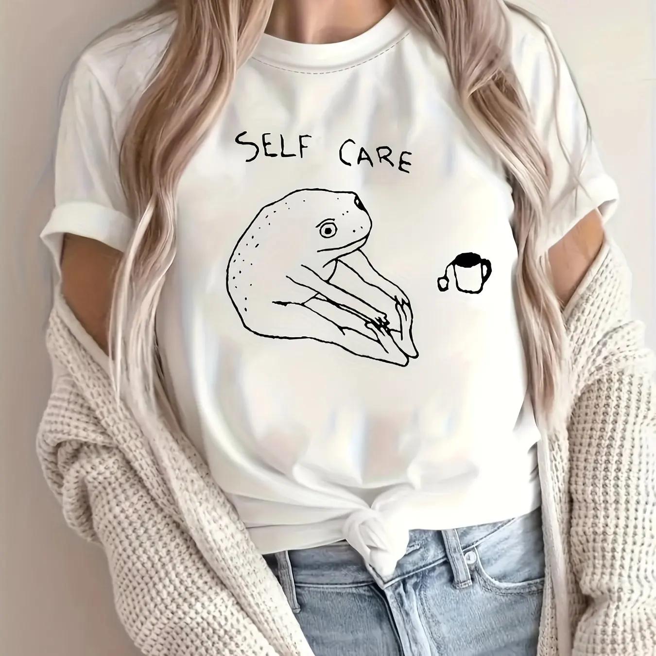 

Self Care Funny Frog Graphic Tees Short Sleeve Loose Cotton Women White T shirts O Neck Casual Aesthetic Female Shirts Harajuku S