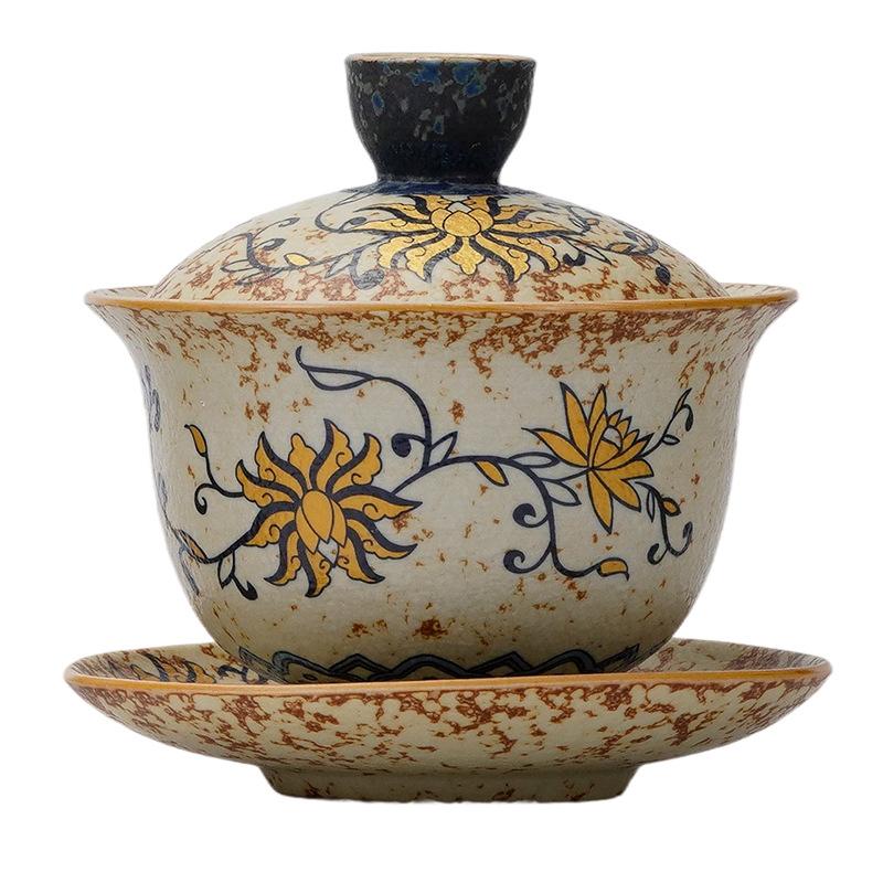 Blue and White Flint Red Lidded Tea Bowl, Ceramic Home/Office Tea Set, Personal Tea Drinking Gongfu Teaware with Hovering Lid.