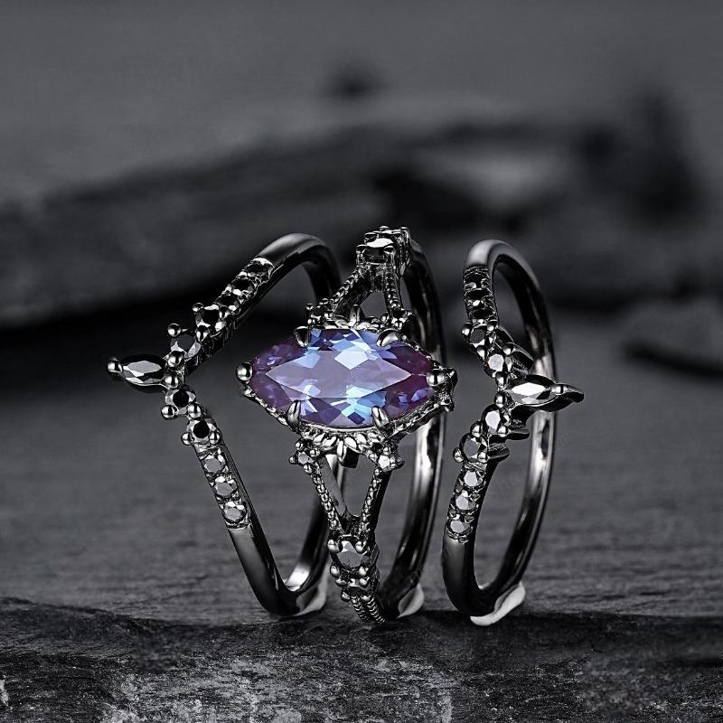European and American new gun black retro zircon inlaid with personalized versatile women's three-piece ring
