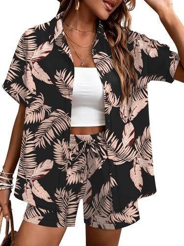 Plant-printed short-sleeved shirt, elastic waist shorts, two-piece set, vacation style casual suit, women's