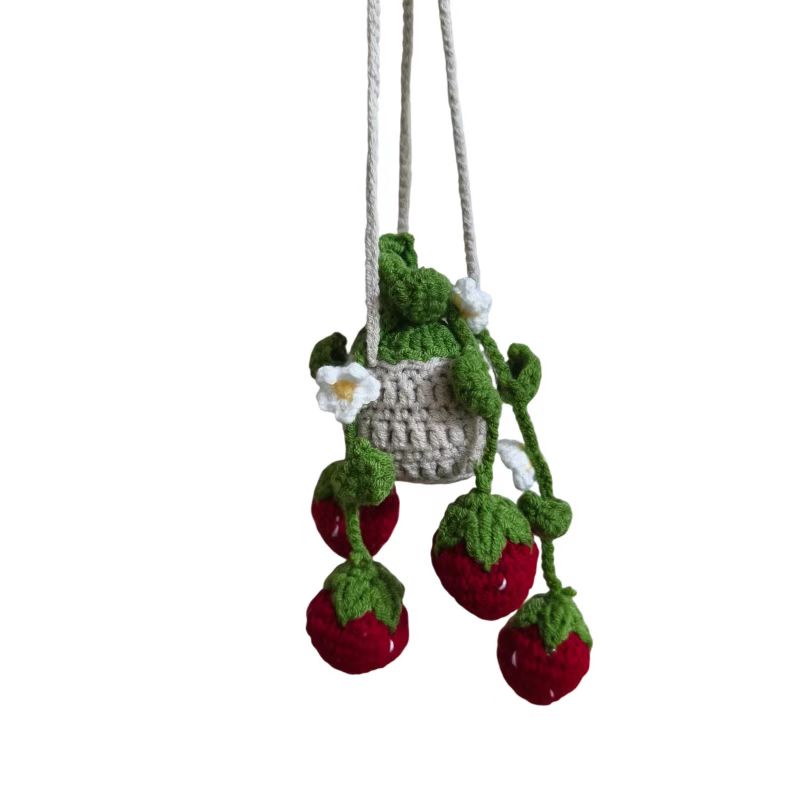 Panier à Plantes Fraise et Fleur au Crochet Ornements Suspendus pour Voiture, Accessoires Suspendus Mignons Tricotés à la Main pour Rétroviseur de Voiture pour Femmes rouge