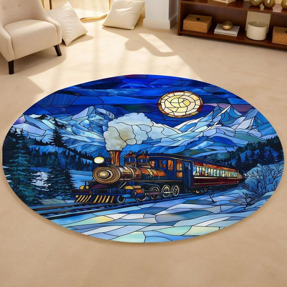 Round Stained Glass Style Moonlight Train Rug Dreamy Fairy Tale Non-slip Absorbent Carpet Winter Home Decor Mat for Living Room