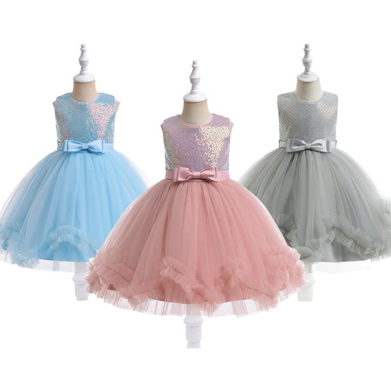 Mädchen Pailletten Tüll Schleife Kleid Kinder Formelles Partykleid Klavieraufführung