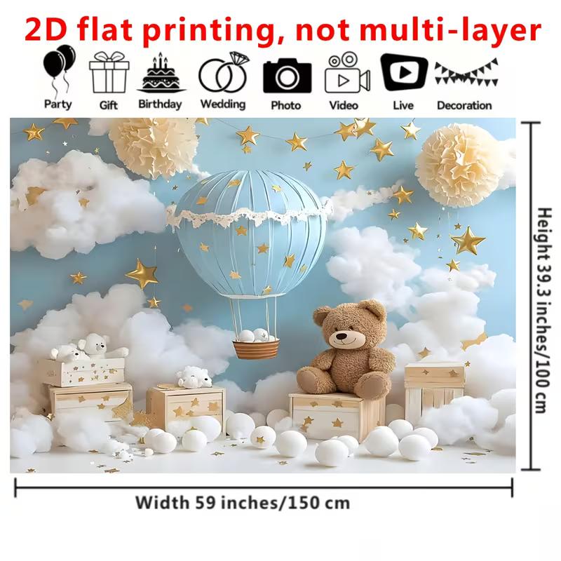 

Newborn Photography Backdrop Blue Sky Teddy Bear Hot Air Balloon Background for 1st Birthday Party 47.2x31.5inch/120*80cm