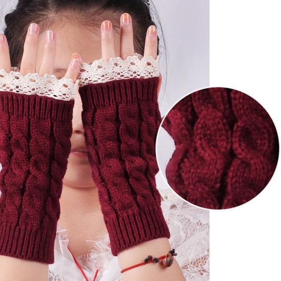 Winter Women Fashion Lace Trims Fingerless Knitted Mitten Wrist Warmer Gloves