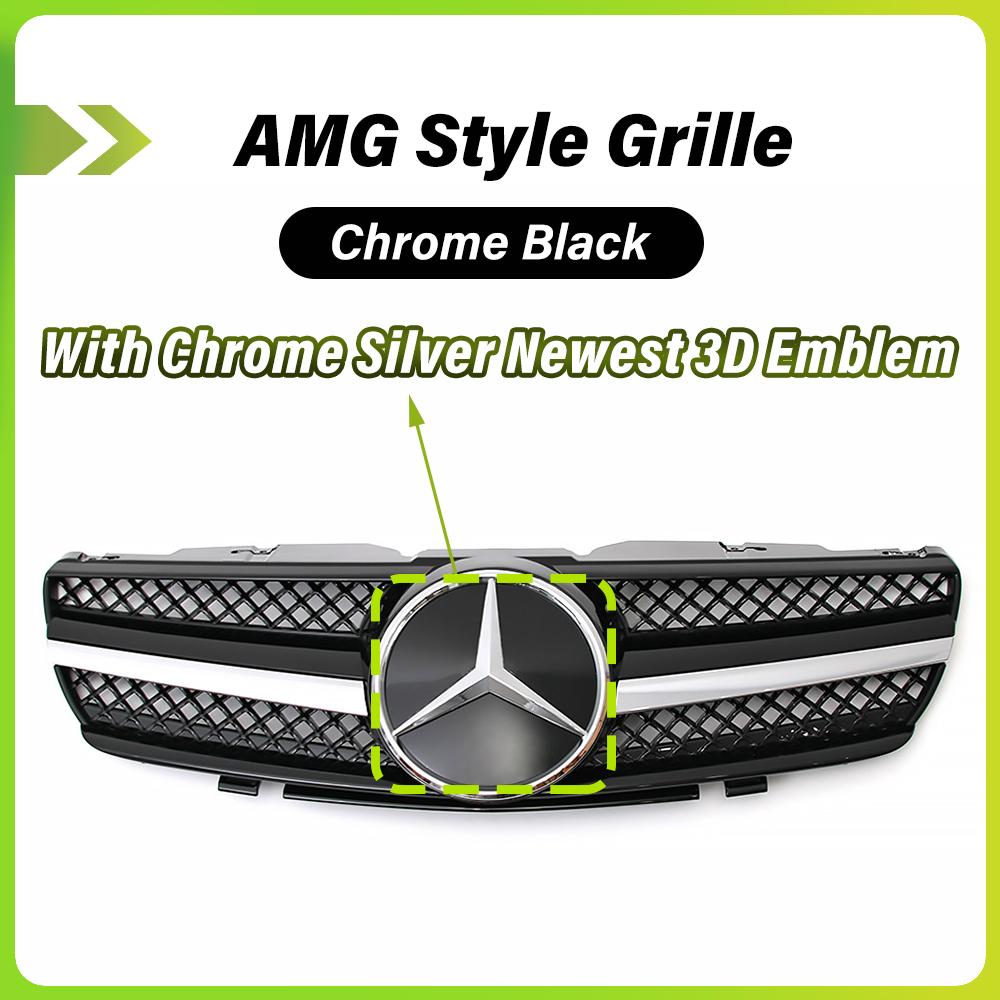 

Chrome Black AMG Style Bumper Grille With Car Front Racing Grilled Emblem Logo For Mercedes Benz SL-Class R230 03-06 SL500 SL55