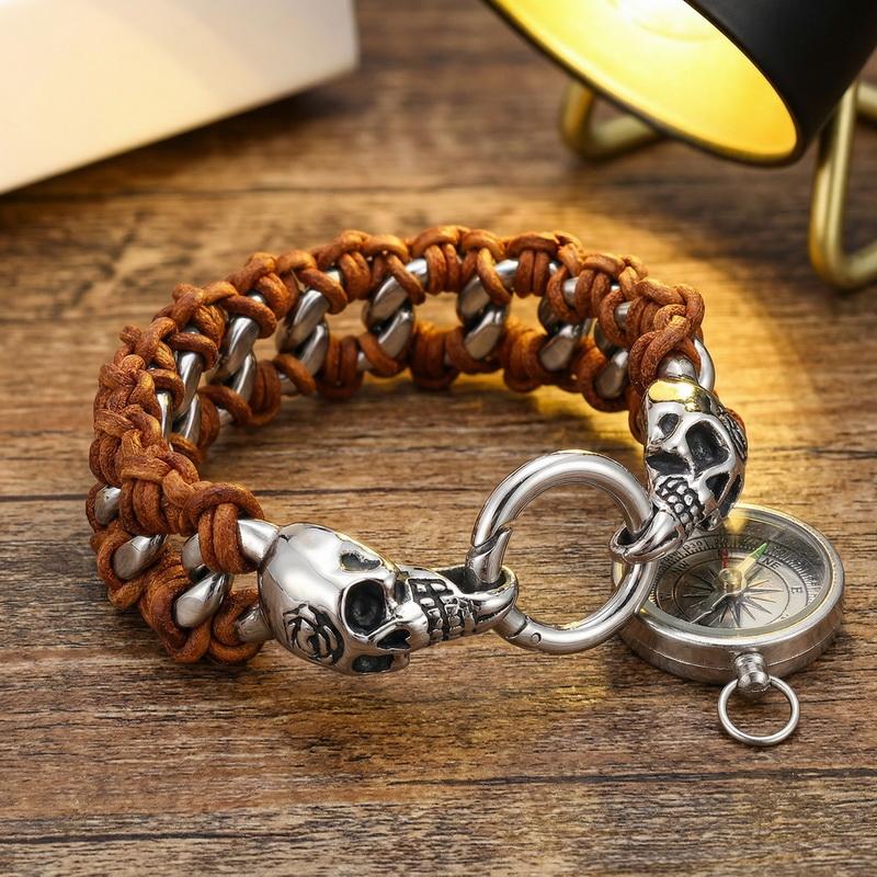 

Vintage Viking Wolf Head Stainless Steel Men s Bracelet Stylish Black Spade Skull Braided Leather Bracelet Fashion Jewelry 22cm