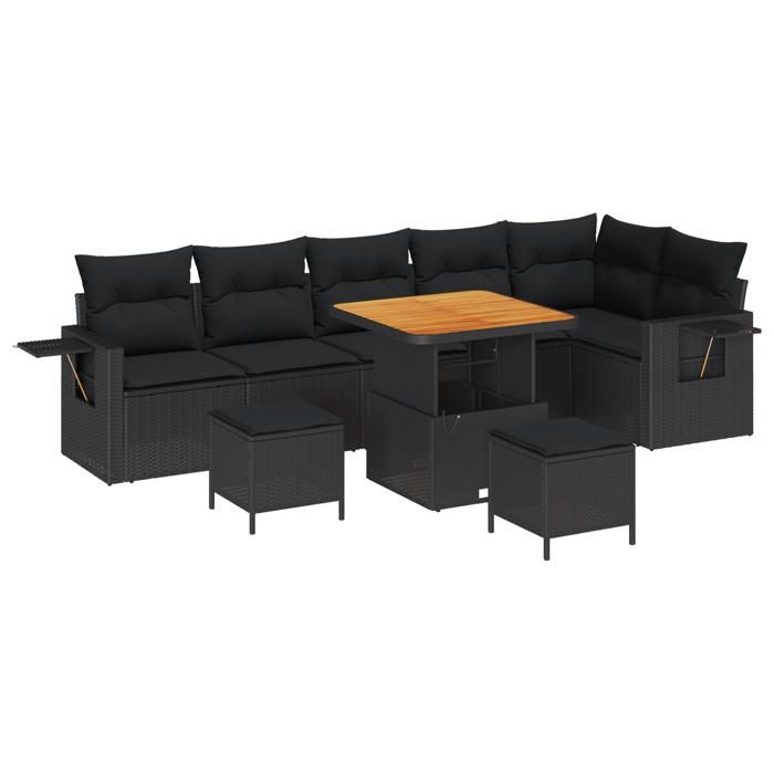 Ensemble de canapé de jardin 9 pièces vidaXL avec coussins en rotin poly noir acacia 3361759