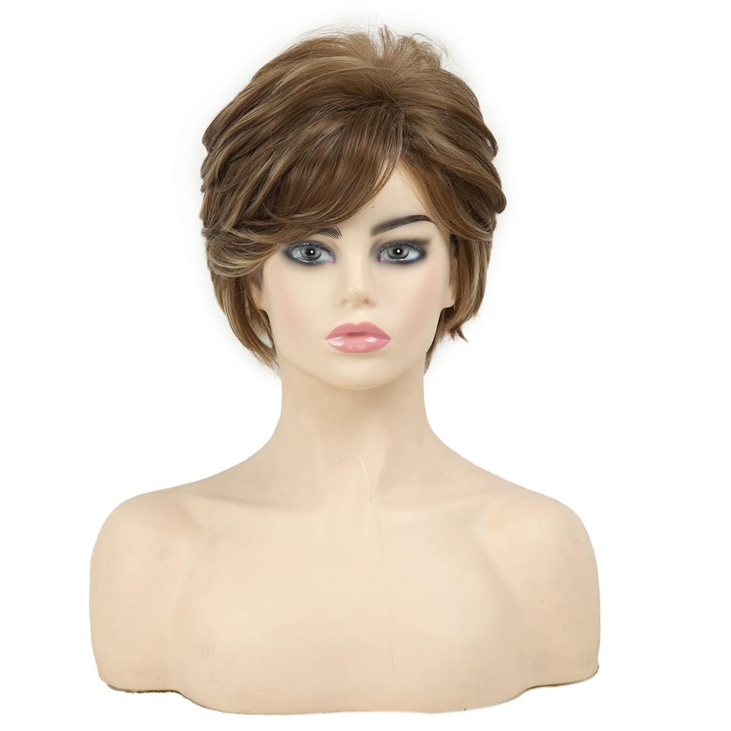 Synthetic Short Curly Wigs Women Fluffy Hair Mixed Blond Dark Brown Wig With Bangs Daily Party Cosplay Use Heat Resistant Fiber