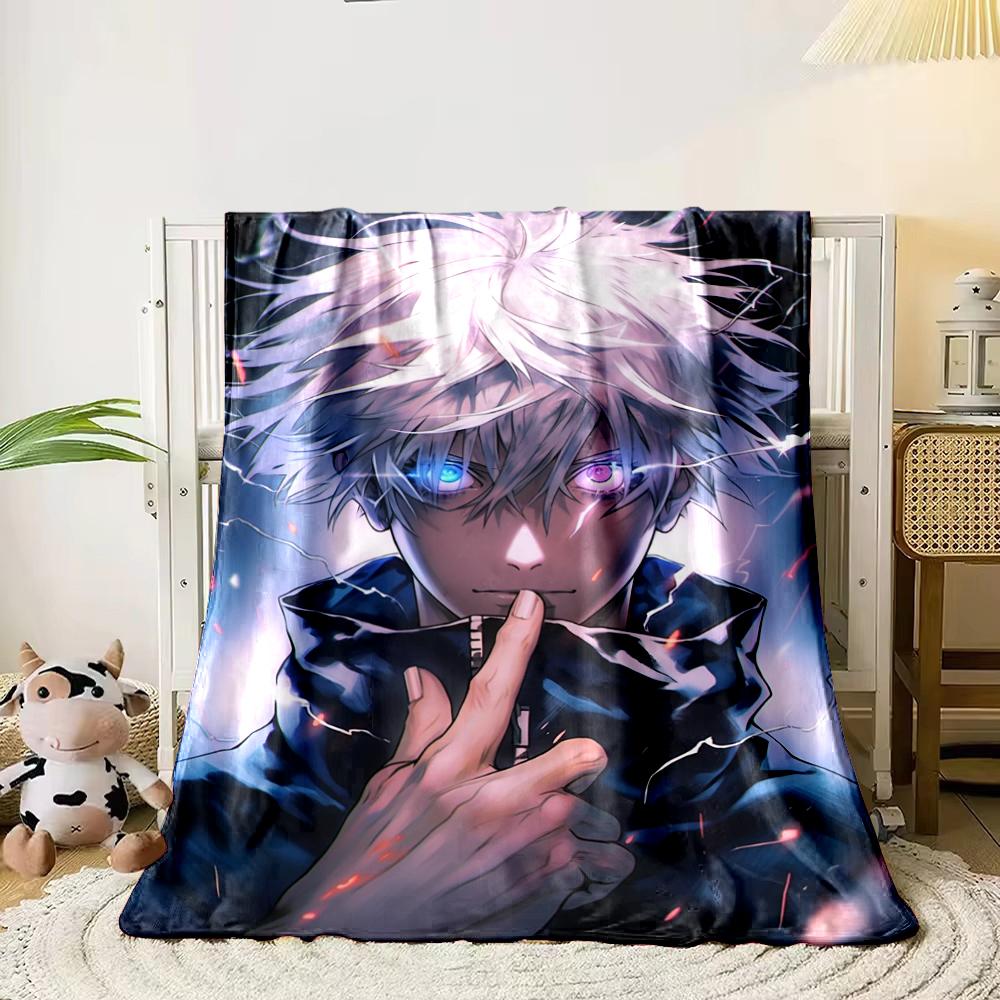 White-Haired Anime Character with Glowing Eyes Flannel Blanket for Bedroom, Living Room, Sofa, and Nap Sofas