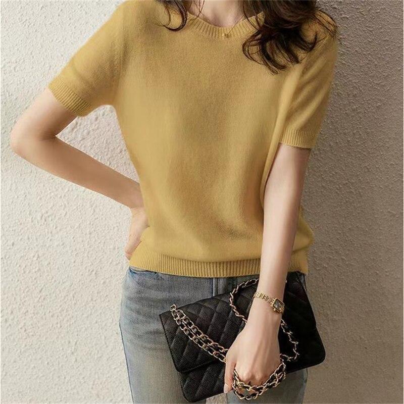 2022 Spring Summer Fashion Simple Pullover Elegant Fashion O-Neck Solid Knitted Sweater Women Short Sleeve Casual Loose Tops