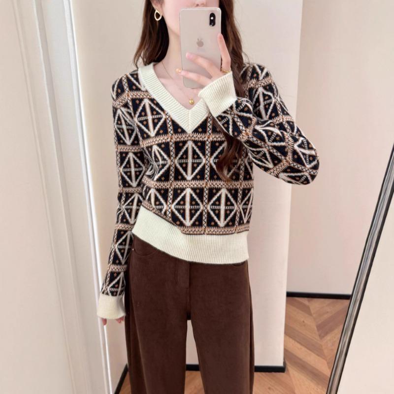 Automne Hiver Col V Patchwork Diamant Pull Décontracté Ample Femme Tricot Vintage Haut Pull de Fond