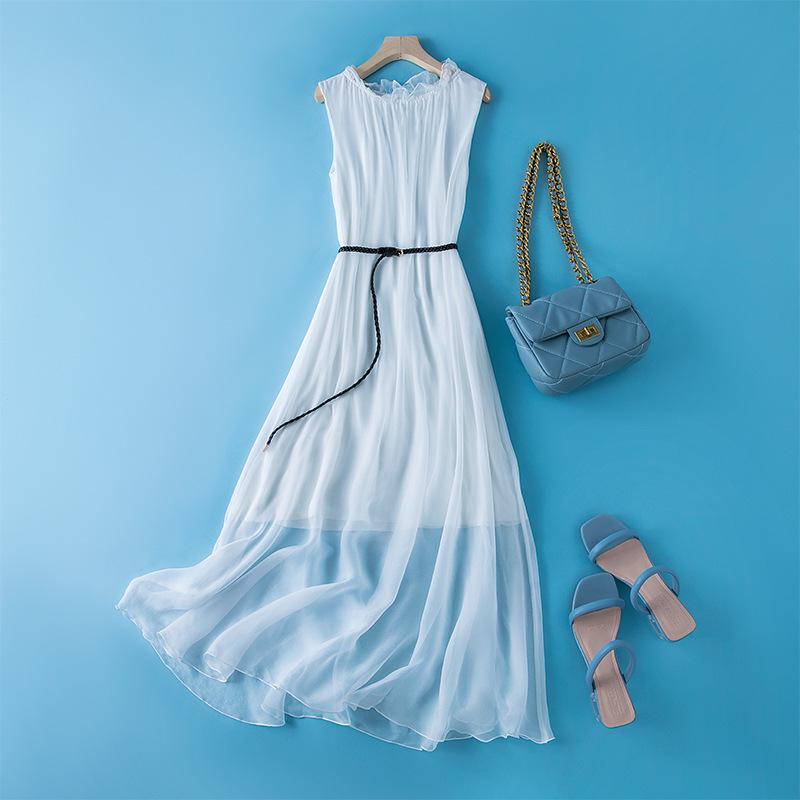 Elegant Sleeveless Silk Midi Dress with Belted Waist and Loose Hem for Summer 2022 Women's Fashion.