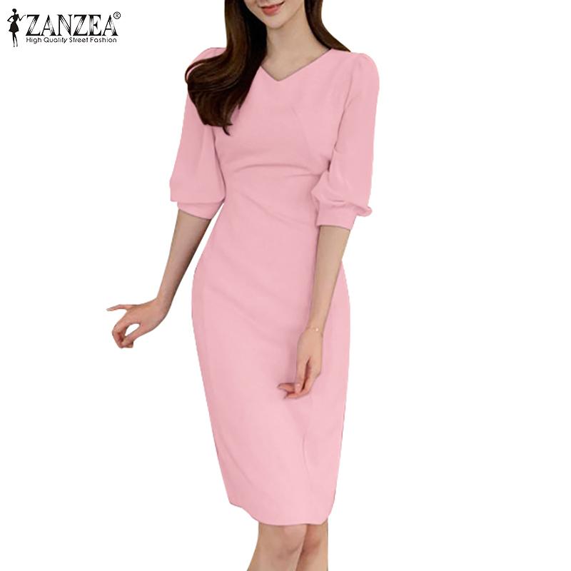 

ZANZEA женское летнее однотонное платье-футляр с рукавами 3/4 и v-образным вырезом