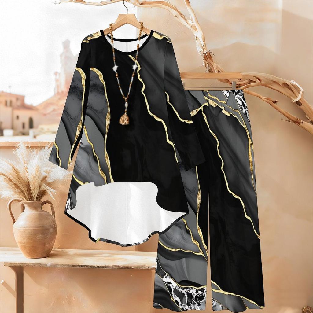 Marble Print Two Piece Outfit Women Long Sleeve Irregular Hem Tunic Top Wide Leg Pants Casual Matching Set