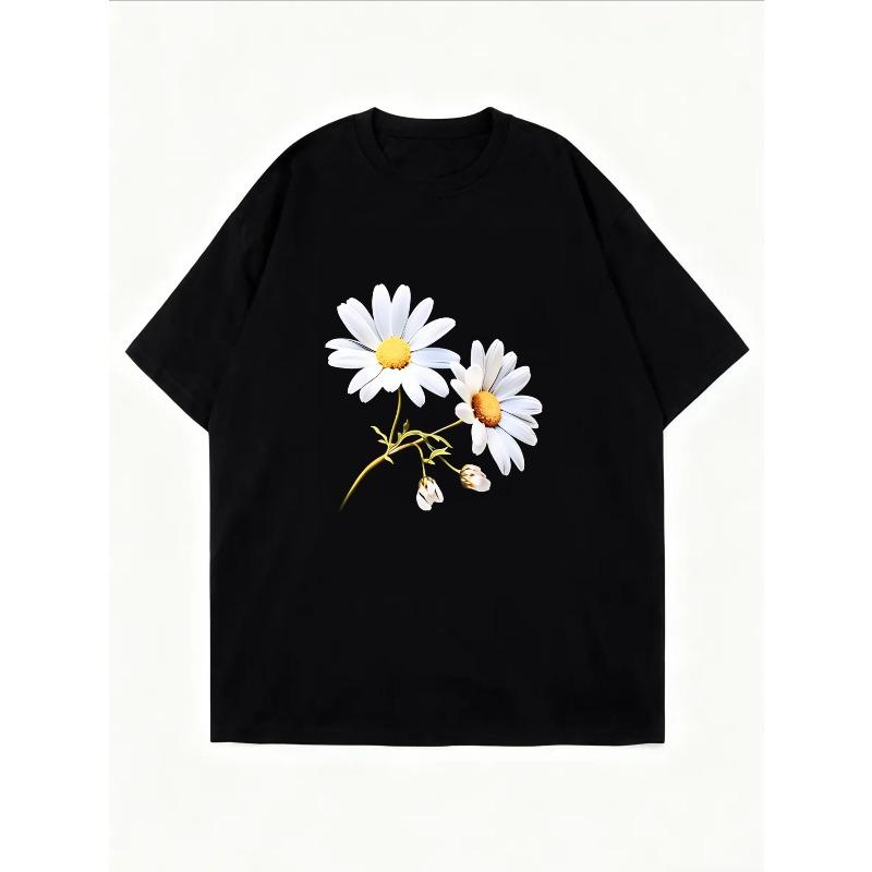 White Short Sleeve T Shirt With Daisy Flower Print For Casual Wear