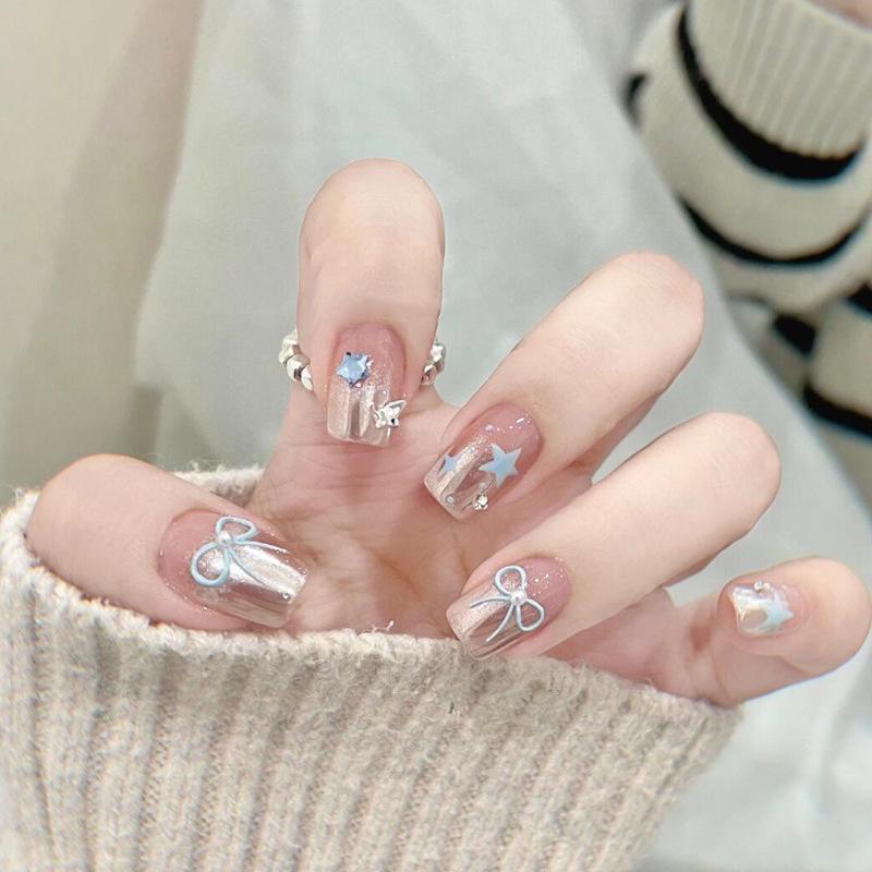 

Набор накладных ногтей для французского маникюра High-End Star Bow - Модный милый набор накладных ногтей Wearable Nails - 30 pcs/box