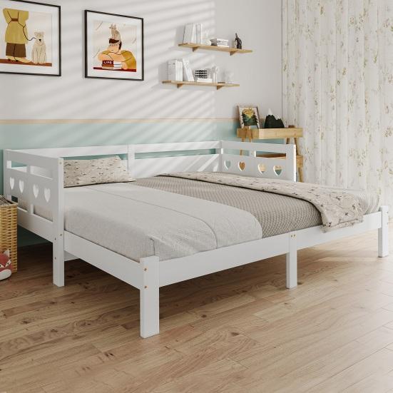 Daybed, Pull-Out Bed, 90 x 200cm, Solid Pine, with Second Sleeping Space And Roll-Up Slatted Frame, Heart-Shaped Bed,