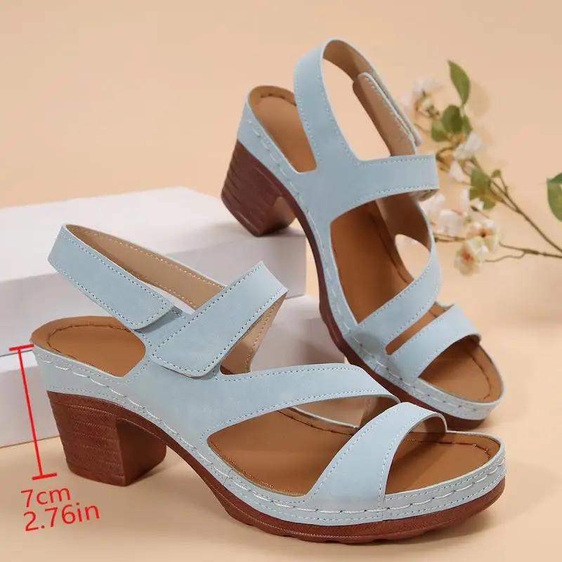 Fashion Classic Round Toe Back Strap Sandals Women 2025 Summer Square High Heels Shoes Women Daily Solid Blue Comfortable Shoes