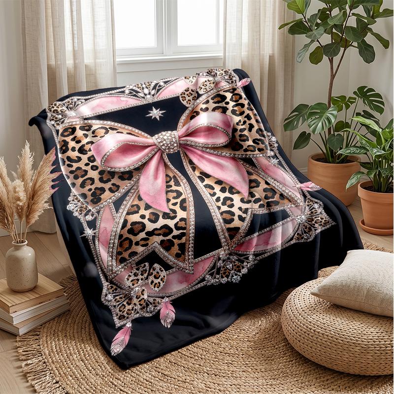 Leopard Print Bow Design Theme Blanket Lightweight Warm Flannel Blanket Decorative Throw Blanket for Home Decoration