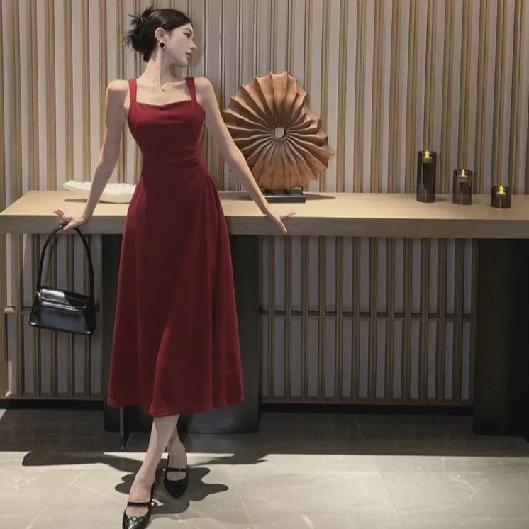 New Year's Red Slim Waist Suspender Dress for Women - Spring Daily Engagement Toast Dress