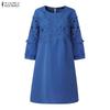 ZANZEA Women Casual Round Neck 3/4 Sleeve Loose Splice Dress