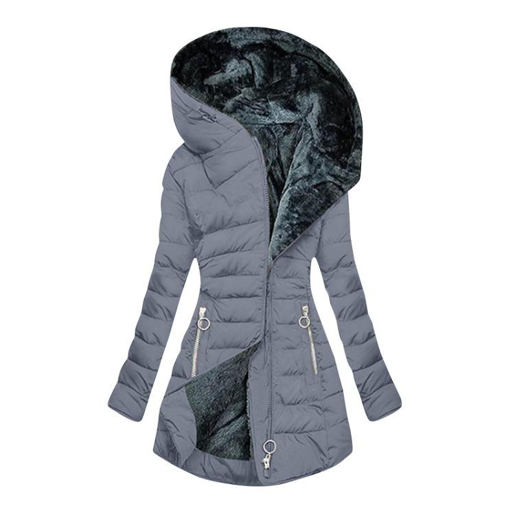 Warm Women Cotton Hooded Jacket Long Zipper Pockets Casual Outerwear