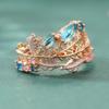 Vintage Inlaid Sea Blue Pink CZ Women's Ring Creativity CopperColor Hand Carving Leaf Daily Wear Party Jewelry Anniversary Gift